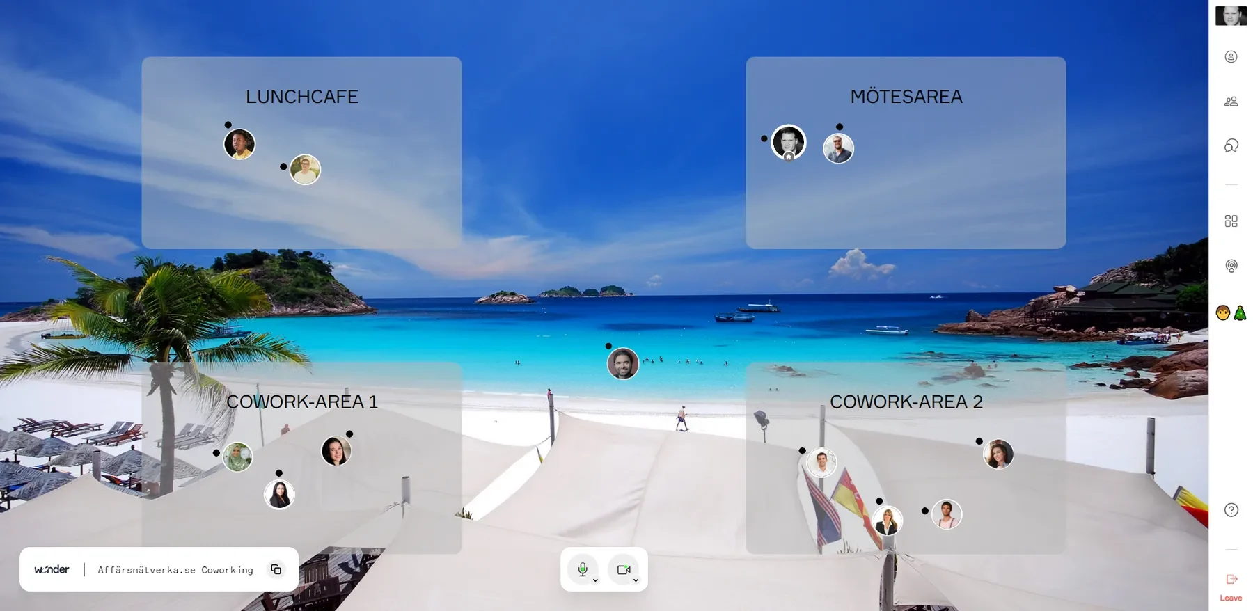 Affärsnätverka Online Coworking Space Bakgrundsbild vid strand med palmer och klarblått vatten